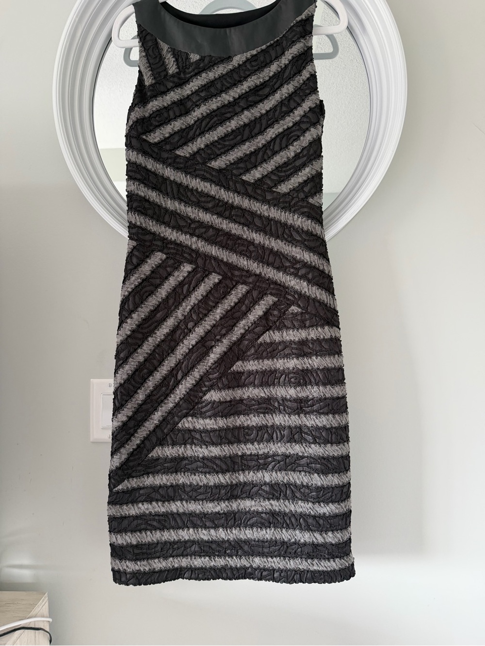 Joseph Ribkoff Textured Bandage Sheath Dress Chevron Striped Grey Black